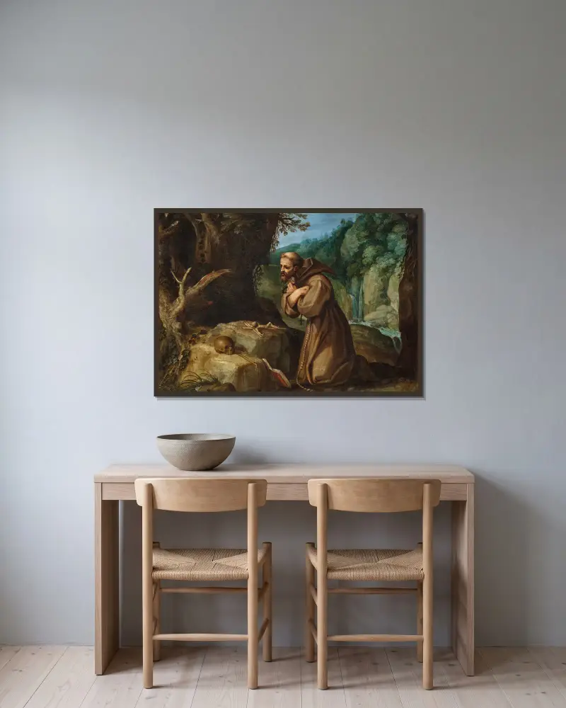 Den helige Franciskus av Assisi i meditation av Paul Bril inramad på en vägg