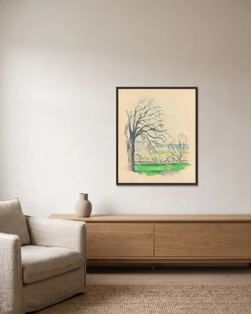 Entlaubter Baum bei Jas de Bouffan von Paul Cézanne gerahmt an einer Wand