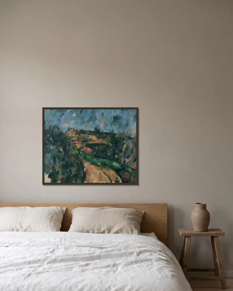 Vägens krökning vid toppen av Chemin des Lauves av Paul Cézanne inramad på en vägg