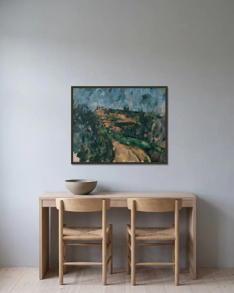 Vägens krökning vid toppen av Chemin des Lauves av Paul Cézanne inramad på en vägg