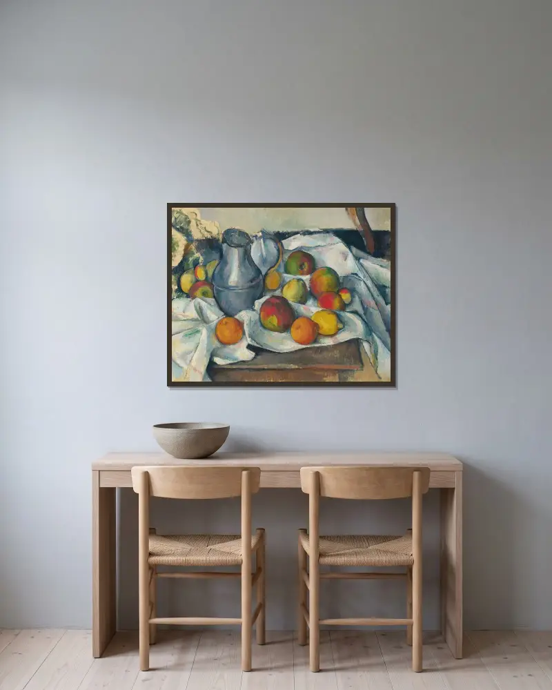 Bouilloire et fruits av Paul Cézanne inramad på en vägg