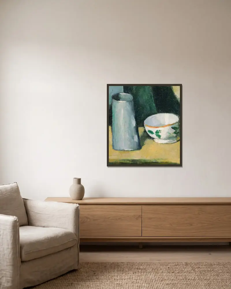 Skål och mjölkkanna av Paul Cézanne inramad på en vägg