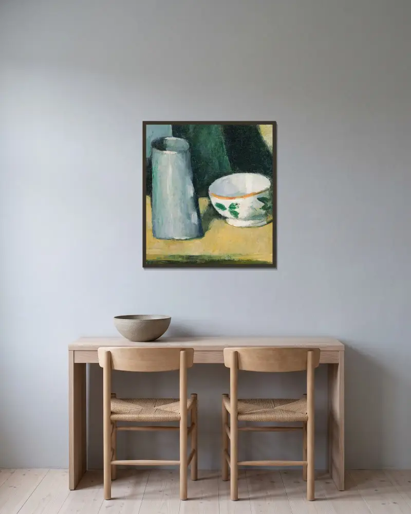 Skål och mjölkkanna av Paul Cézanne inramad på en vägg
