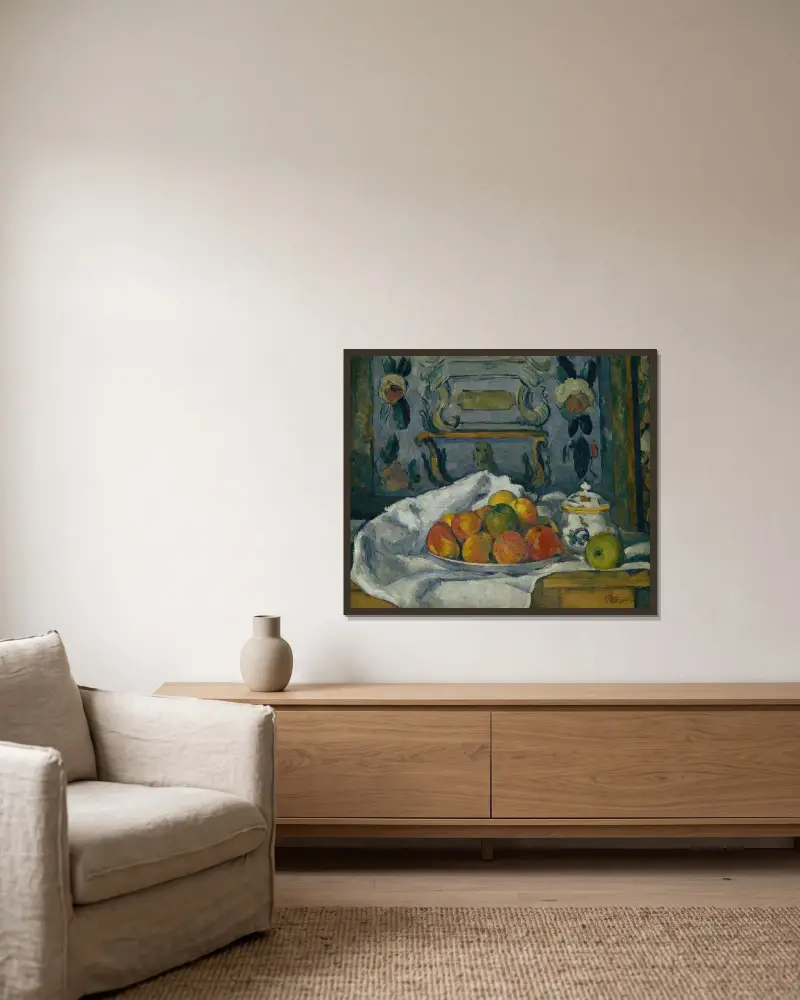 Teller mit Äpfeln von Paul Cézanne gerahmt an einer Wand