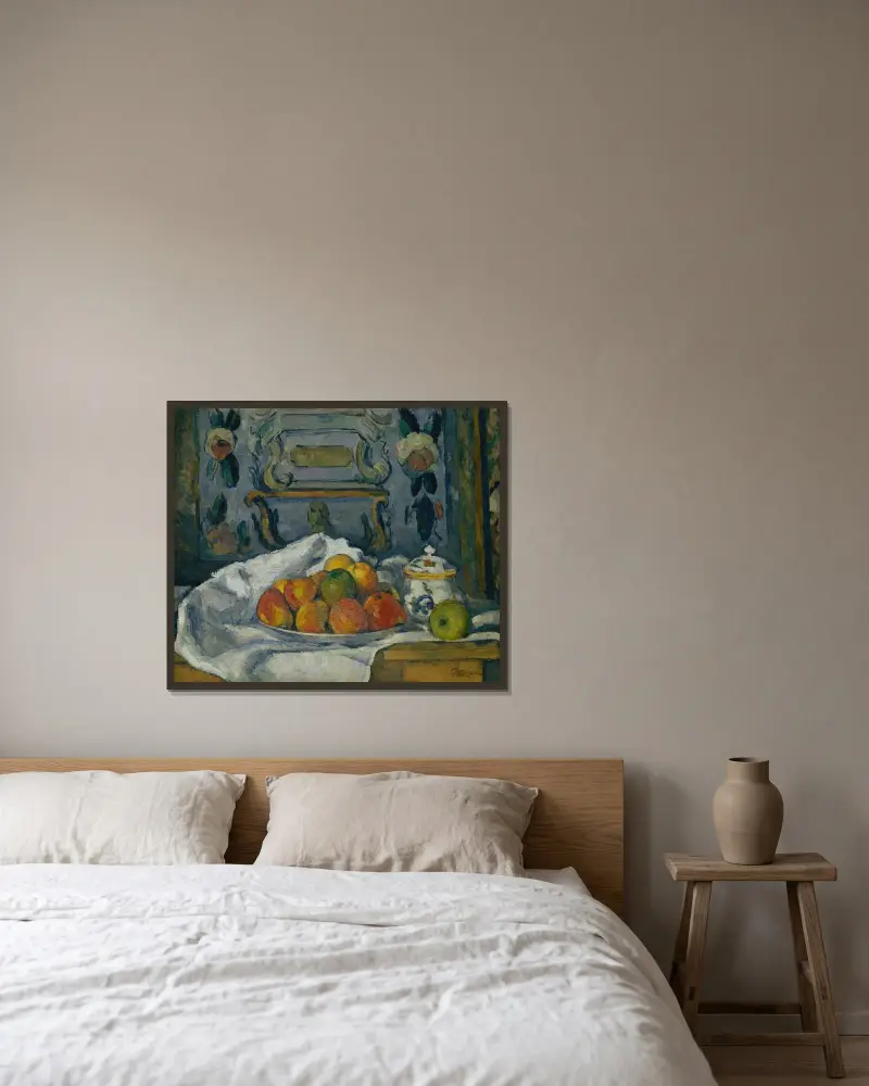 Teller mit Äpfeln von Paul Cézanne gerahmt an einer Wand