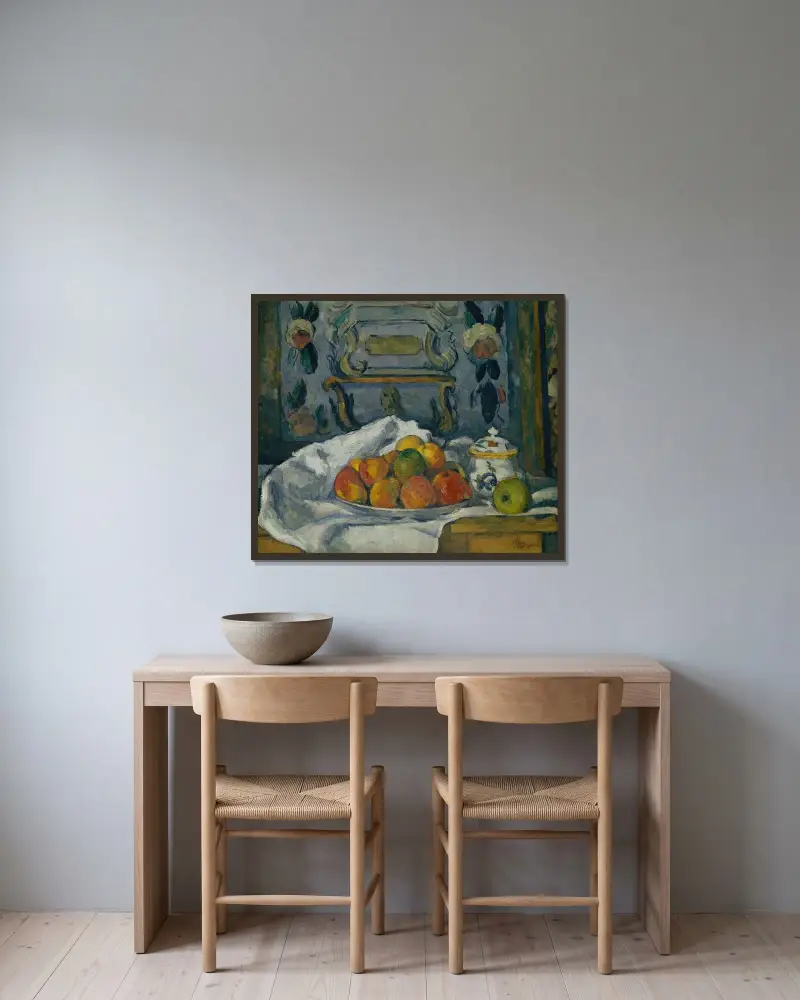 Teller mit Äpfeln von Paul Cézanne gerahmt an einer Wand