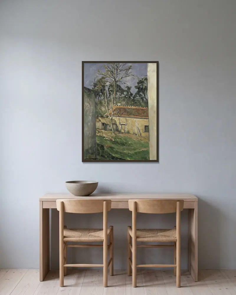Farmyard av Paul Cézanne inramad på en vägg