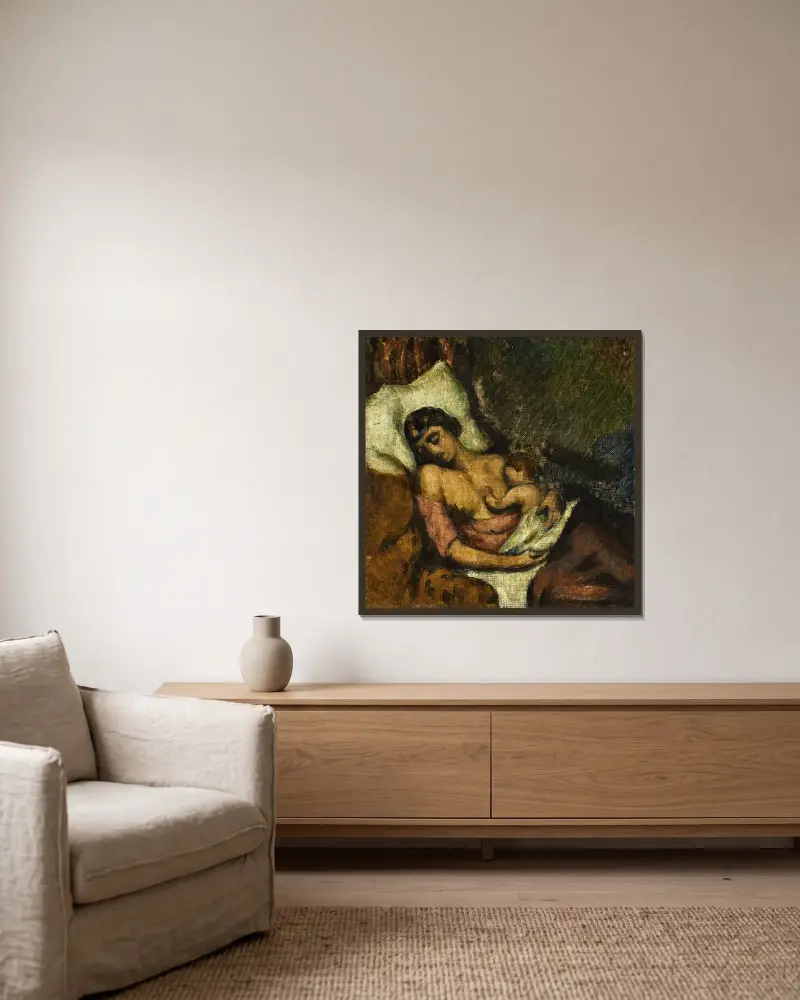 Kvinna som ammar sitt barn av Paul Cézanne inramad på en vägg