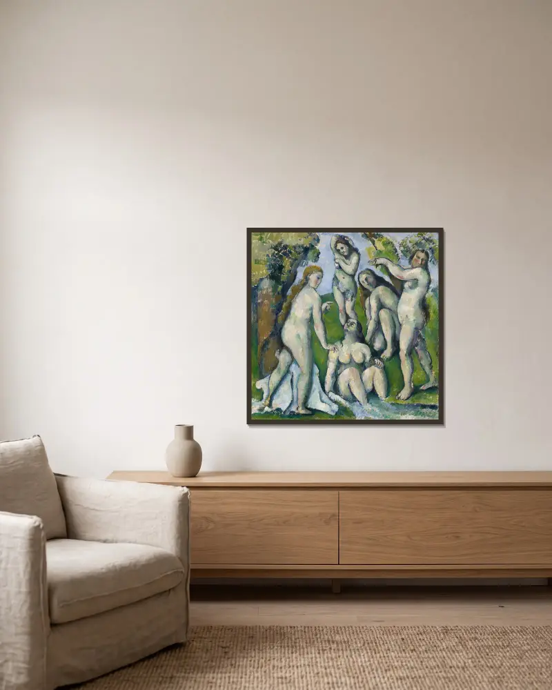 Five Bathers av Paul Cézanne inramad på en vägg