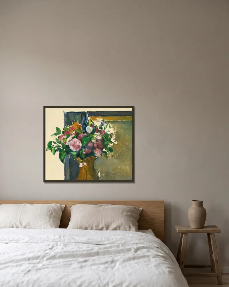 Blumen in einer roten Vase von Paul Cézanne gerahmt an einer Wand
