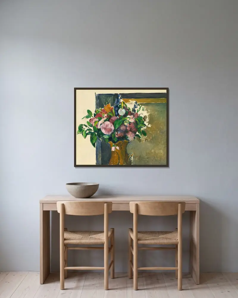 Blumen in einer roten Vase von Paul Cézanne gerahmt an einer Wand