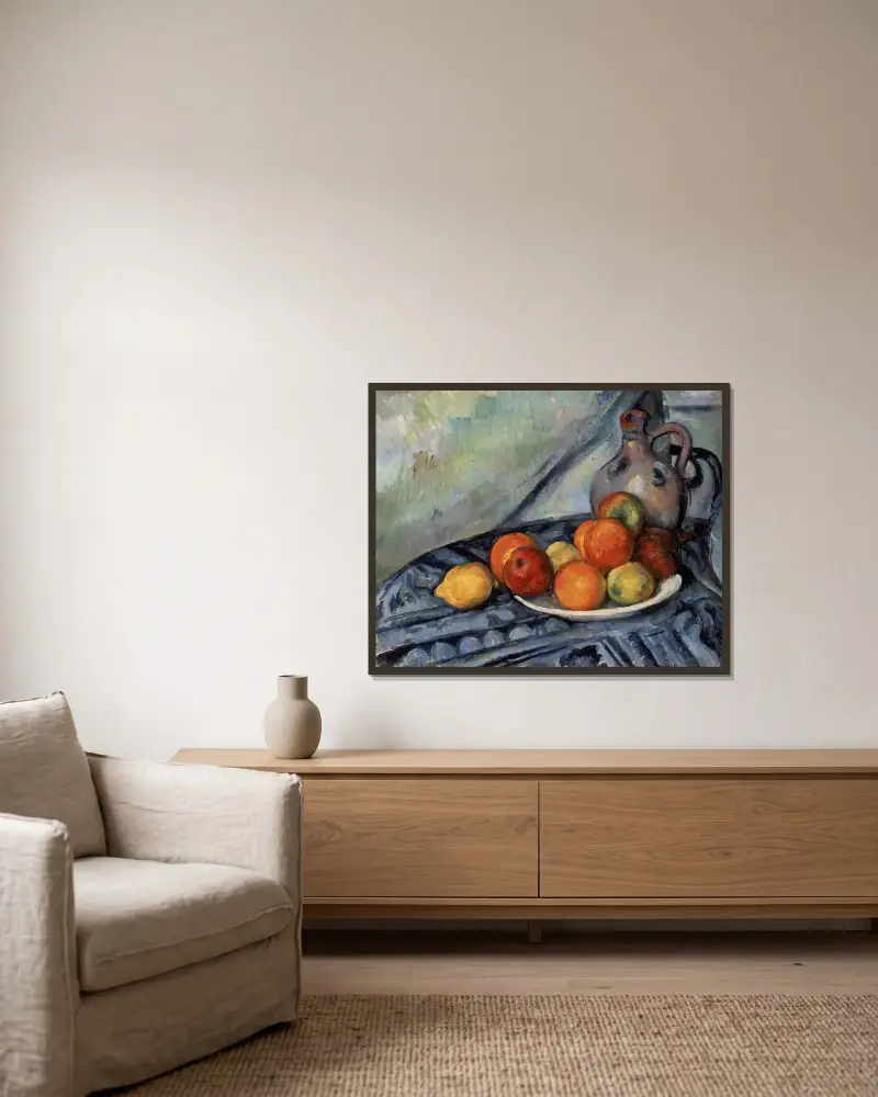 Owoce i dzban na stole, Paul Cézanne w ramie na ścianie