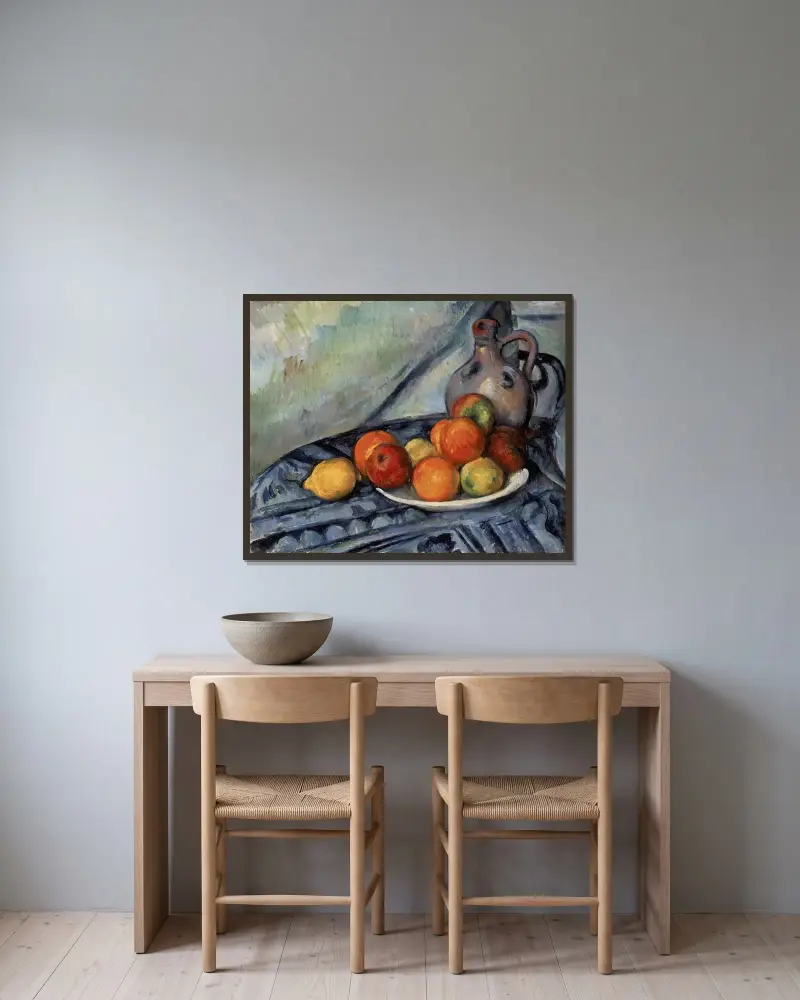 Owoce i dzban na stole, Paul Cézanne w ramie na ścianie