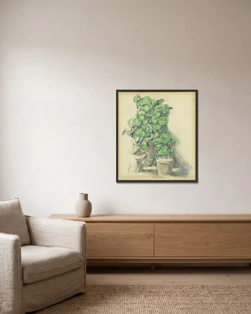 Geraniums av Paul Cézanne inramad på en vägg