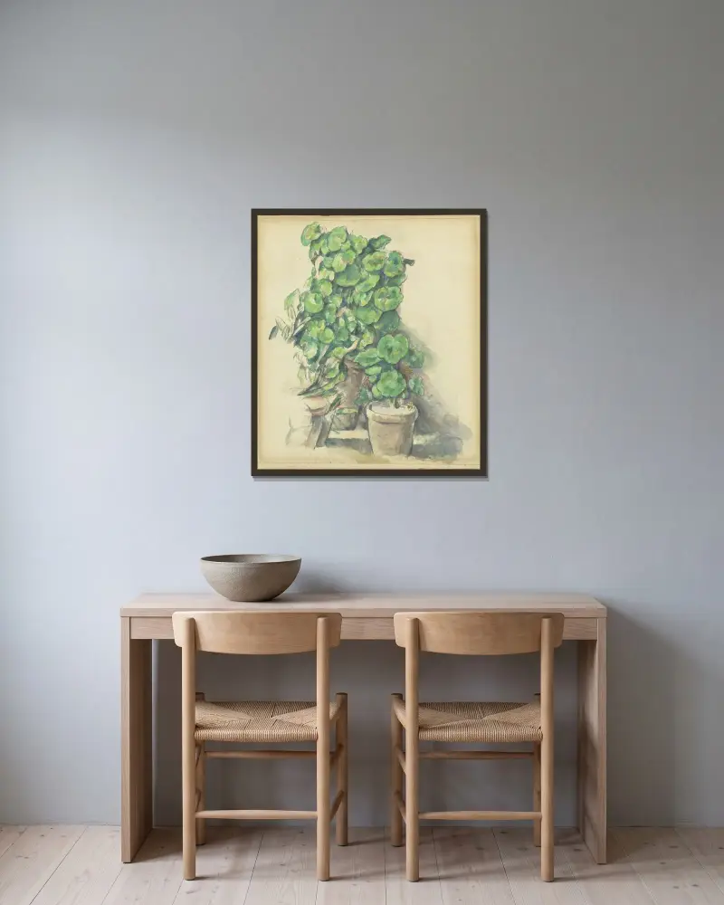 Geraniums av Paul Cézanne inramad på en vägg