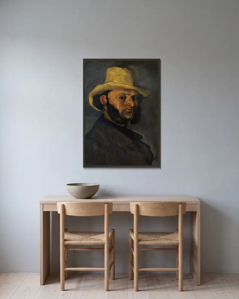 Gustave Boyer (geb. 1840) mit Strohhut von Paul Cézanne gerahmt an einer Wand