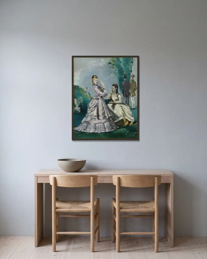 La Conversation av Paul Cézanne inramad på en vägg