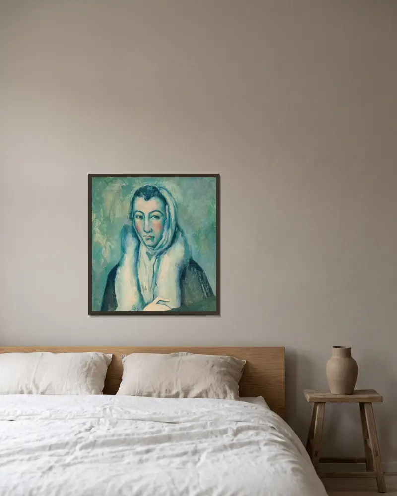 Die Frau mit dem Hermelin, nach El Greco von Paul Cézanne gerahmt an einer Wand