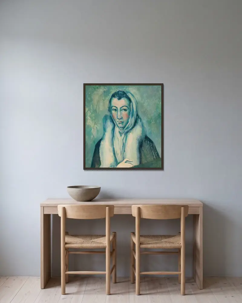 Die Frau mit dem Hermelin, nach El Greco von Paul Cézanne gerahmt an einer Wand
