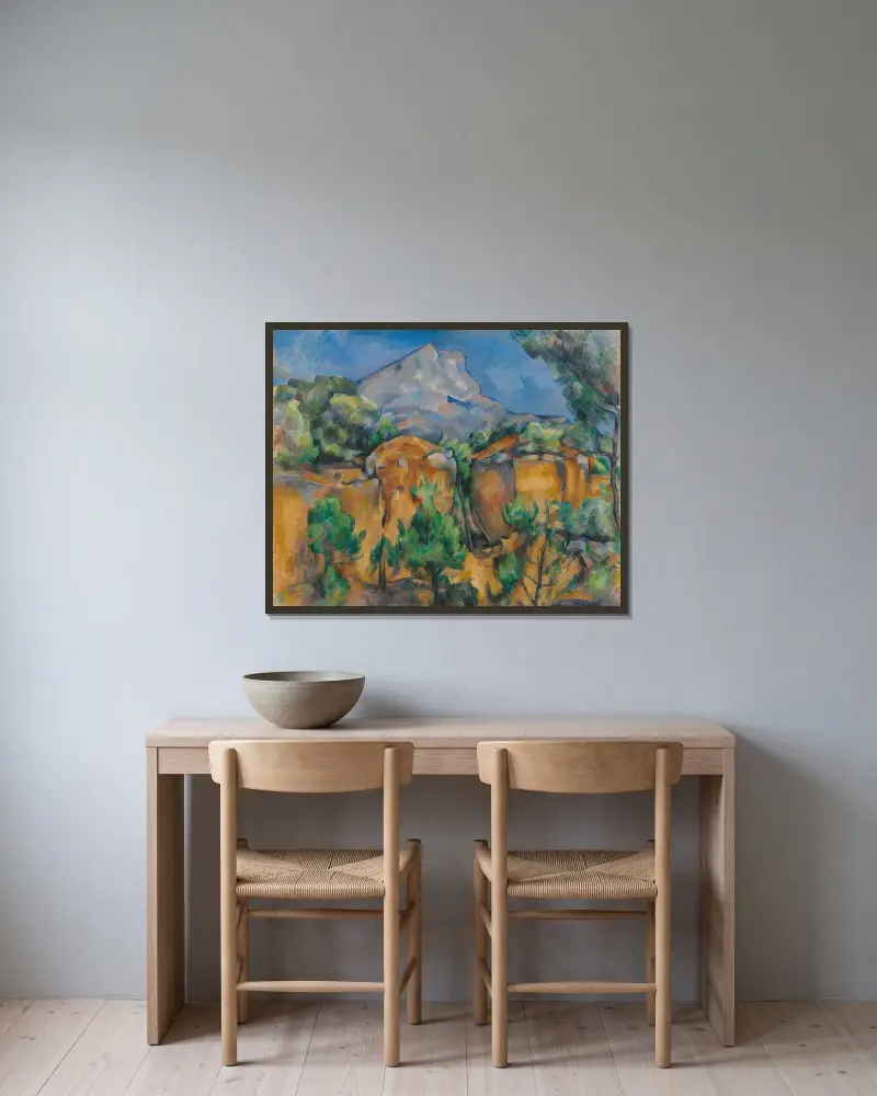 Mont Sainte-Victoire sett från Bibémus stenbrott av Paul Cézanne inramad på en vägg