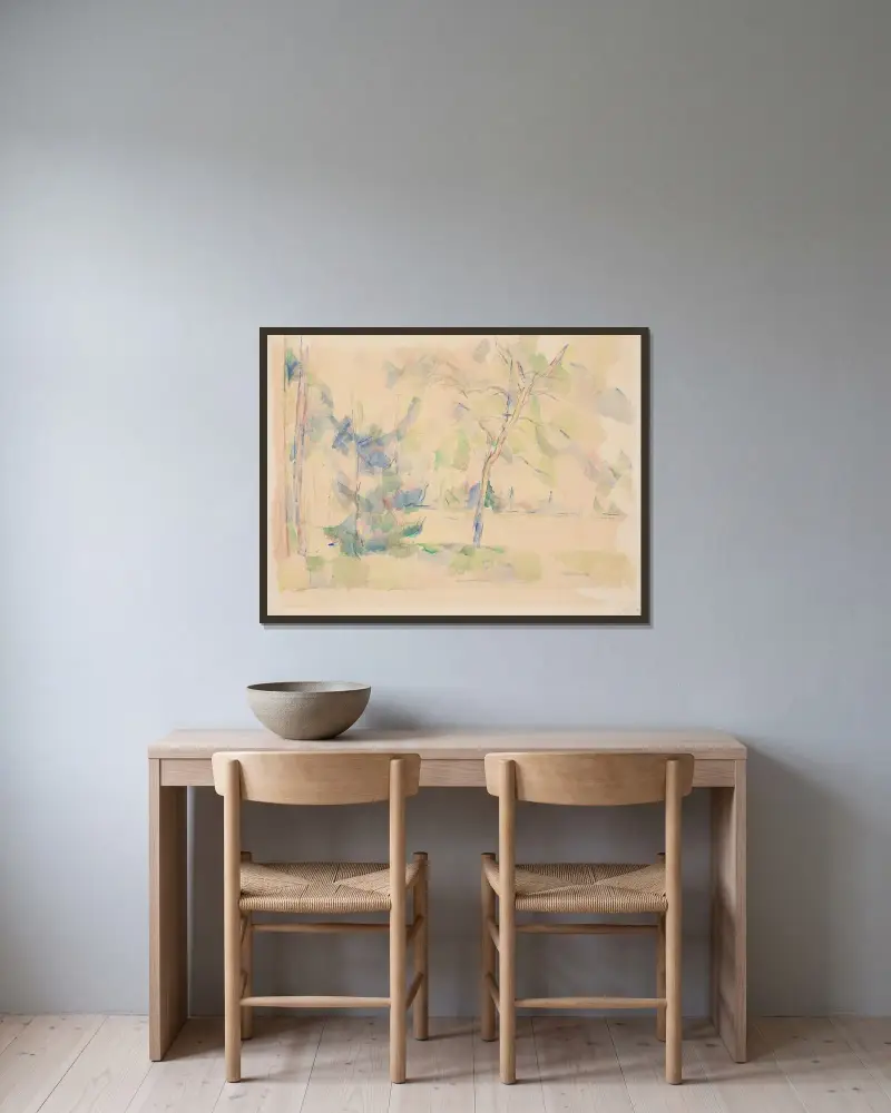 Sjö vid skogsbrynet av Paul Cézanne inramad på en vägg