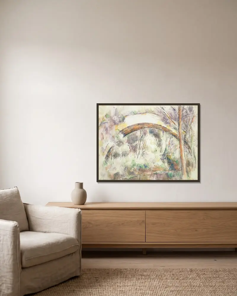 Die Brücke der drei Sprünge von Paul Cézanne gerahmt an einer Wand
