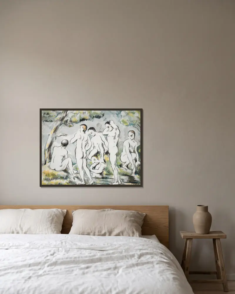 Les Baigneurs – Petite planche av Paul Cézanne inramad på en vägg