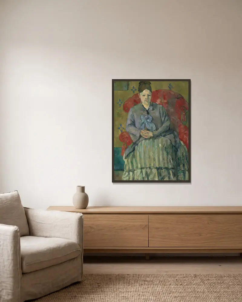 Madame Cézanne im roten Sessel von Paul Cézanne gerahmt an einer Wand