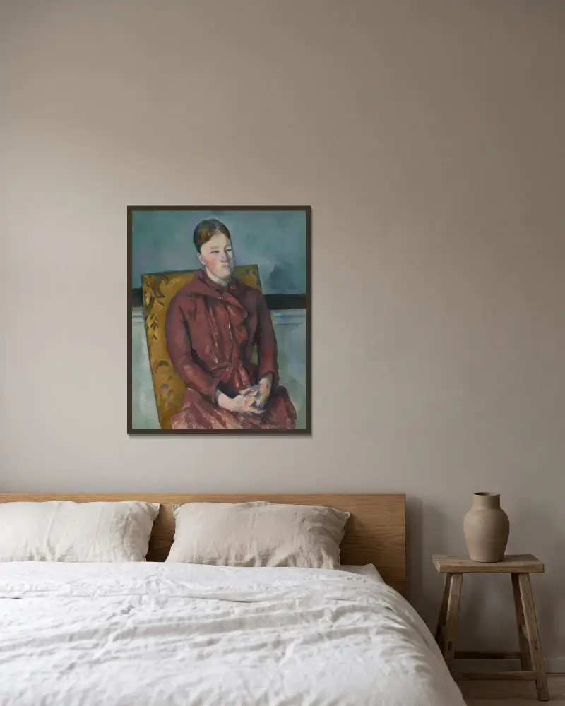 Madame Cézanne i gul stol av Paul Cézanne inramad på en vägg