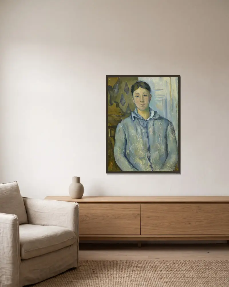 Madame Cézanne in Blue av Paul Cézanne inramad på en vägg