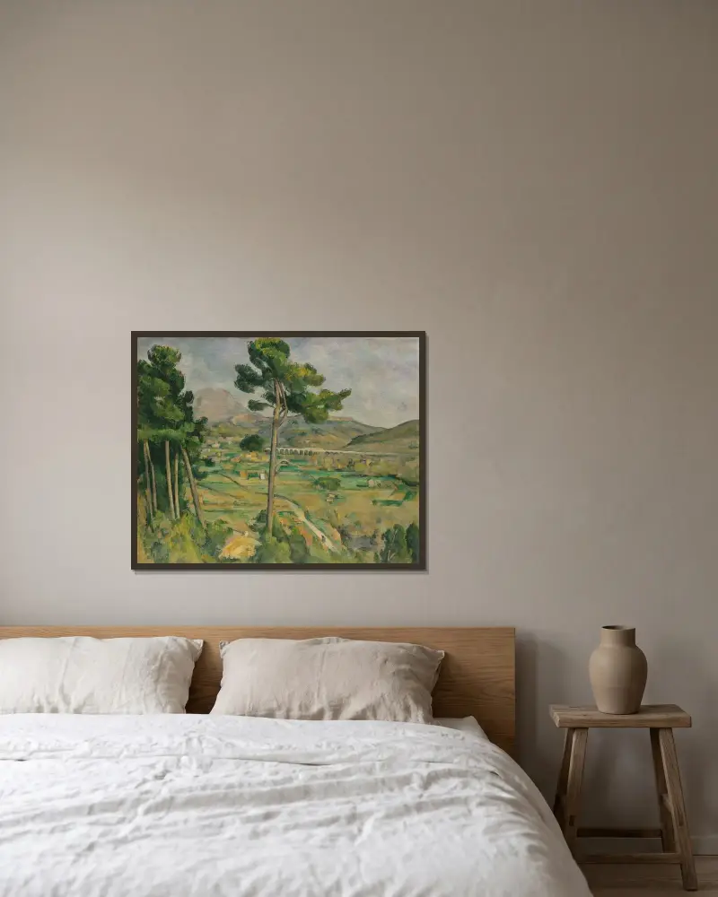 Mont Sainte-Victoire och viadukten över Arc-dalen av Paul Cézanne inramad på en vägg