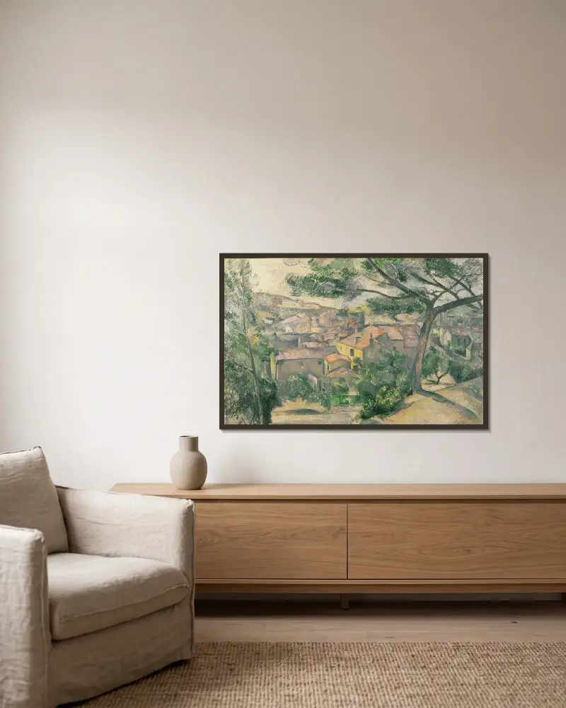 Morgonvy över L'Estaque mot solen av Paul Cézanne inramad på en vägg