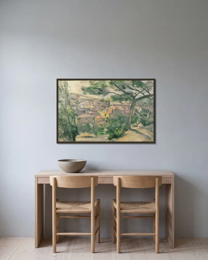 Morgonvy över L'Estaque mot solen av Paul Cézanne inramad på en vägg