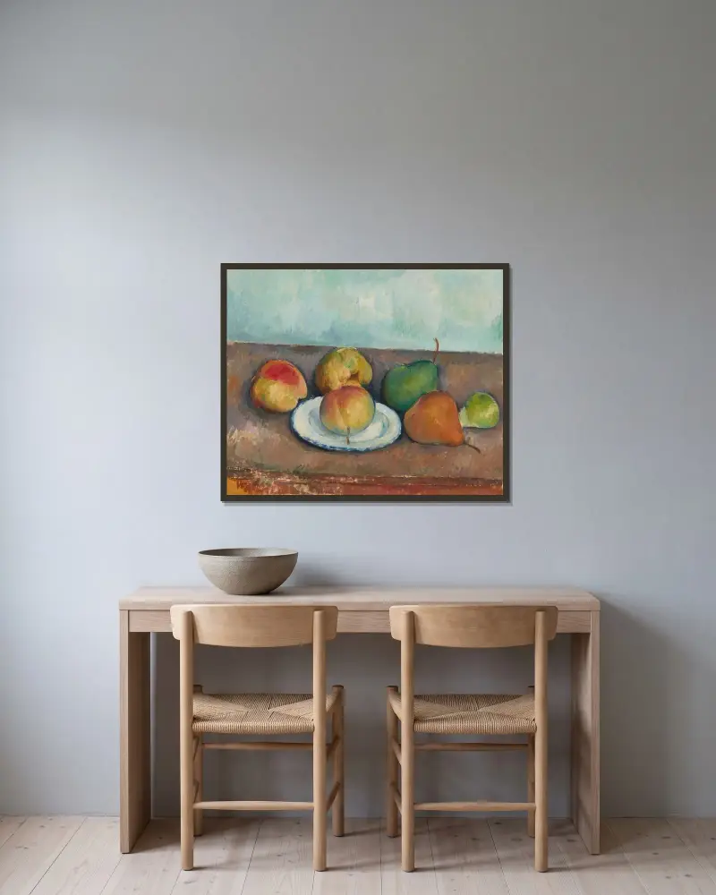 Nature morte; pommes et poires av Paul Cézanne inramad på en vägg