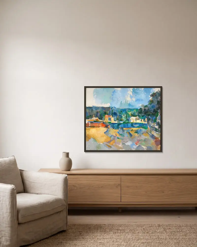 Vid flodstranden av Paul Cézanne inramad på en vägg