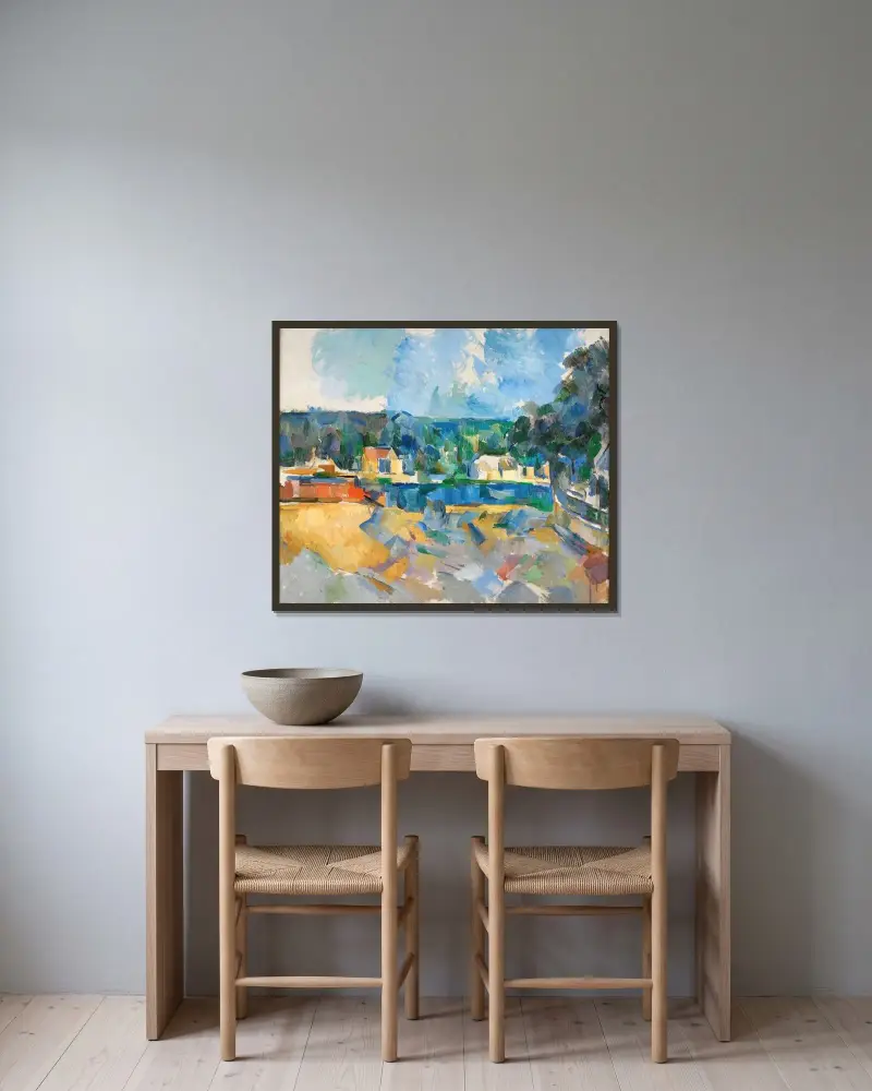 Vid flodstranden av Paul Cézanne inramad på en vägg