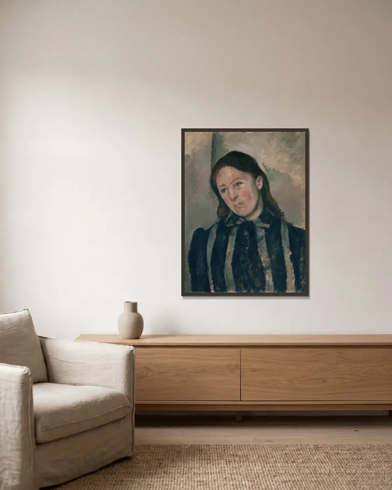 Porträtt av Madame Cézanne av Paul Cézanne inramad på en vägg