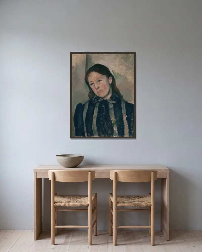 Porträtt av Madame Cézanne av Paul Cézanne inramad på en vägg