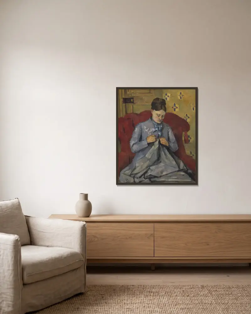 Porträtt av konstnärens hustru av Paul Cézanne inramad på en vägg