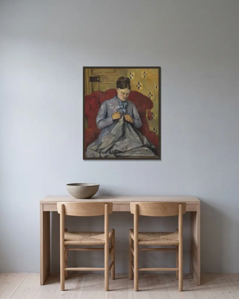 Porträtt av konstnärens hustru av Paul Cézanne inramad på en vägg