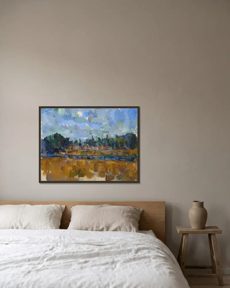 Riverside av Paul Cézanne inramad på en vägg