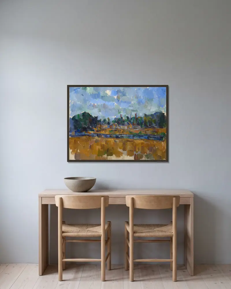 Riverside av Paul Cézanne inramad på en vägg