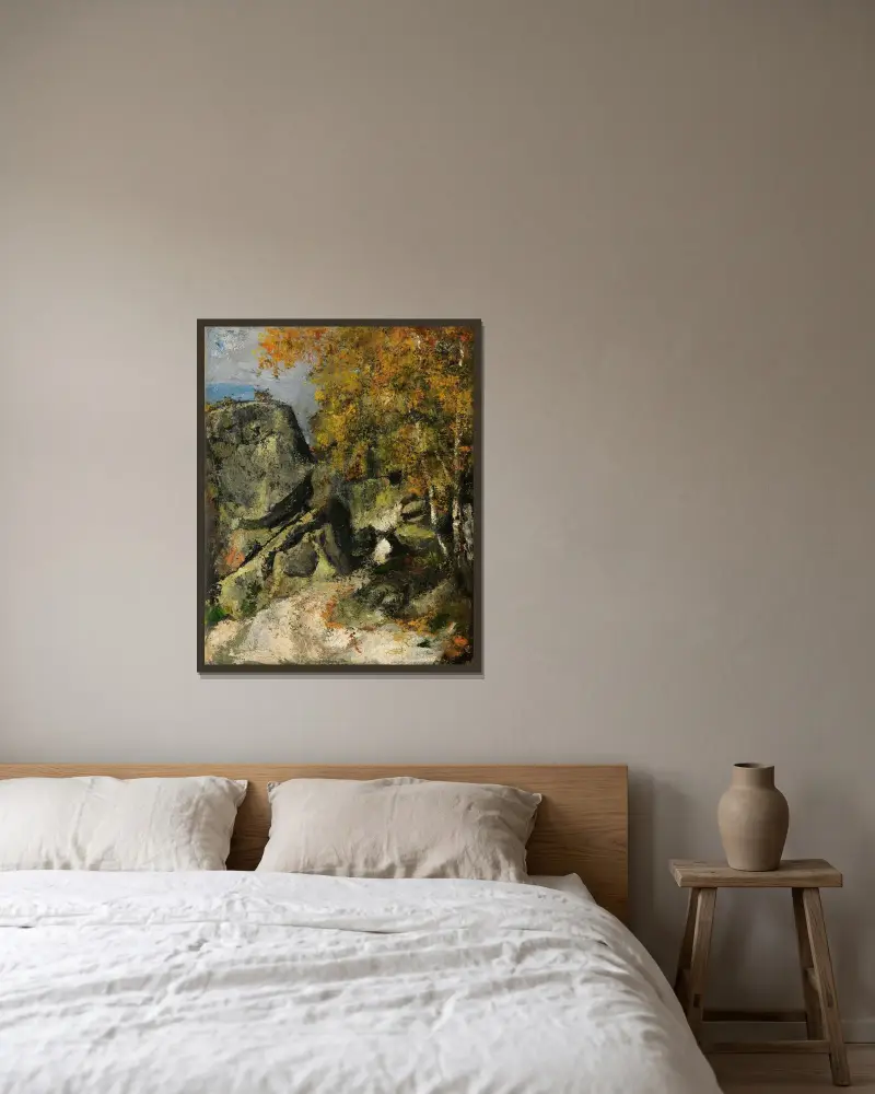 Klippor i skogen, Fontainebleau av Paul Cézanne inramad på en vägg