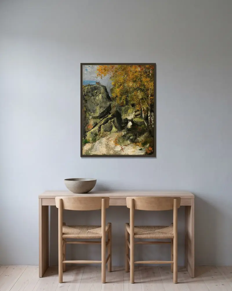 Klippor i skogen, Fontainebleau av Paul Cézanne inramad på en vägg