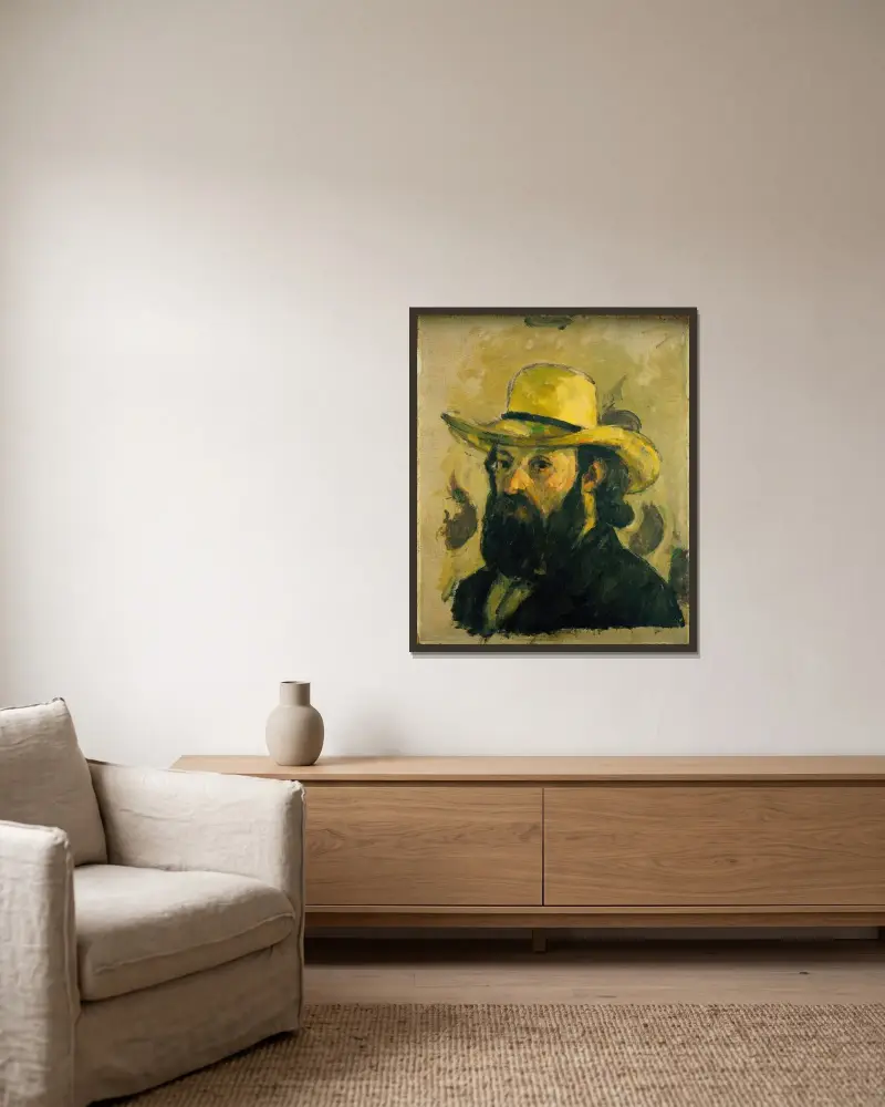 Self-Portrait in a Straw Hat (from 1875 until 1876) av Paul Cézanne inramad på en vägg