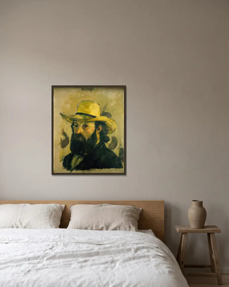 Self-Portrait in a Straw Hat (from 1875 until 1876) av Paul Cézanne inramad på en vägg