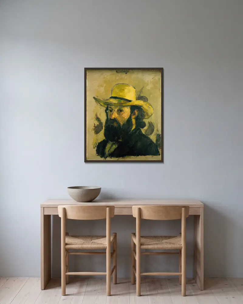 Self-Portrait in a Straw Hat (from 1875 until 1876) av Paul Cézanne inramad på en vägg