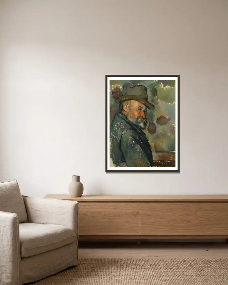 Self-Portrait with a Hat av Paul Cézanne inramad på en vägg