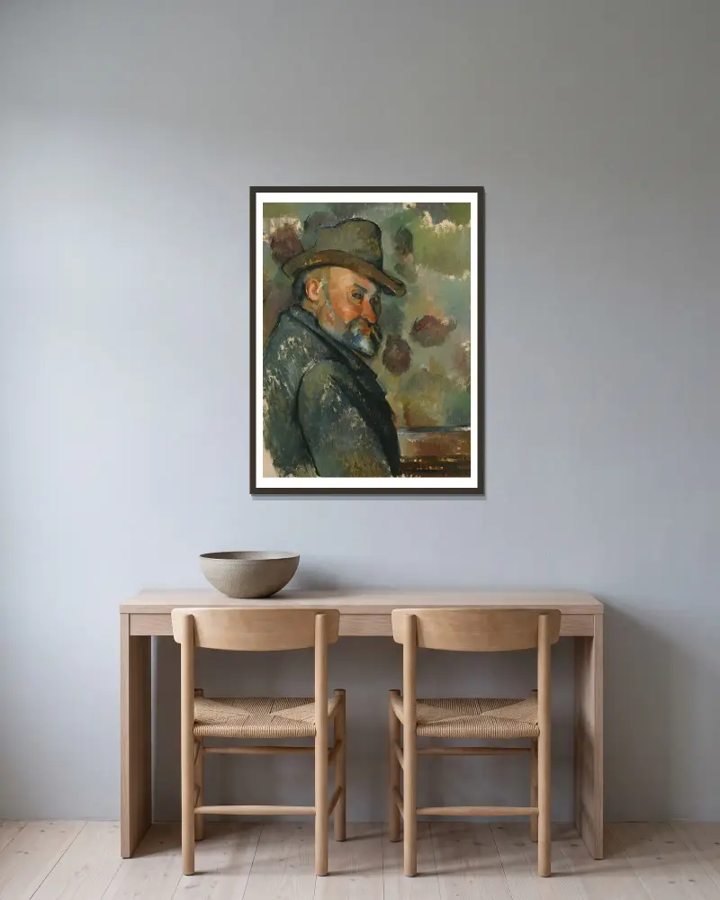 Self-Portrait with a Hat av Paul Cézanne inramad på en vägg