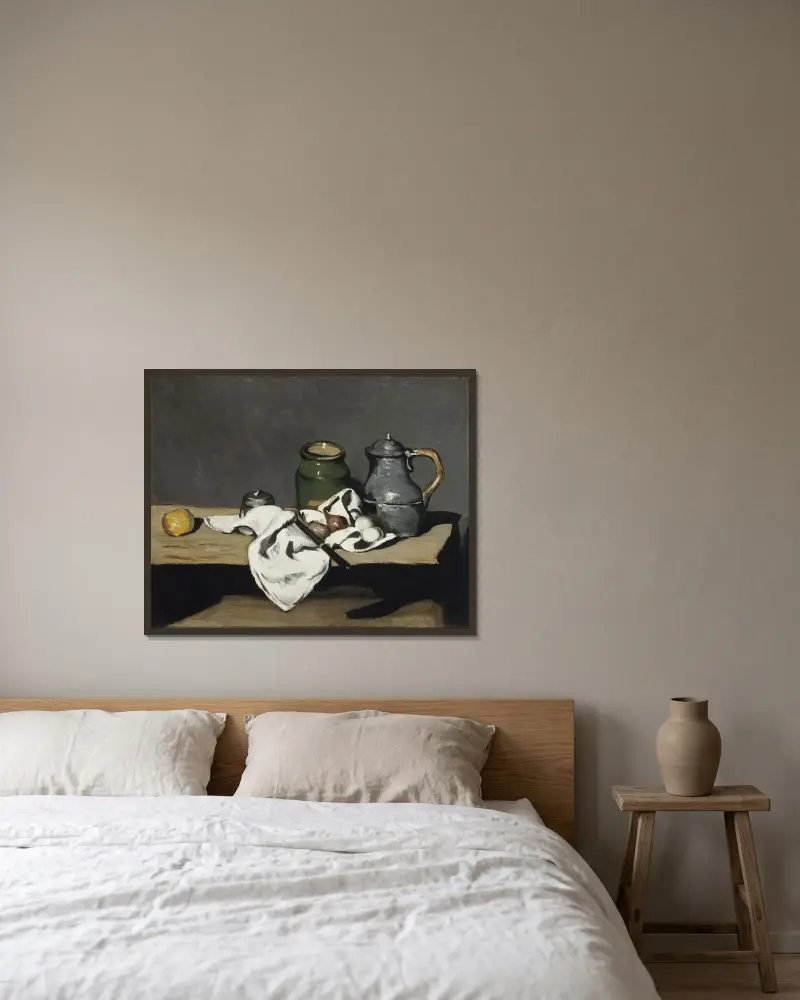 Still life with kettle av Paul Cézanne inramad på en vägg
